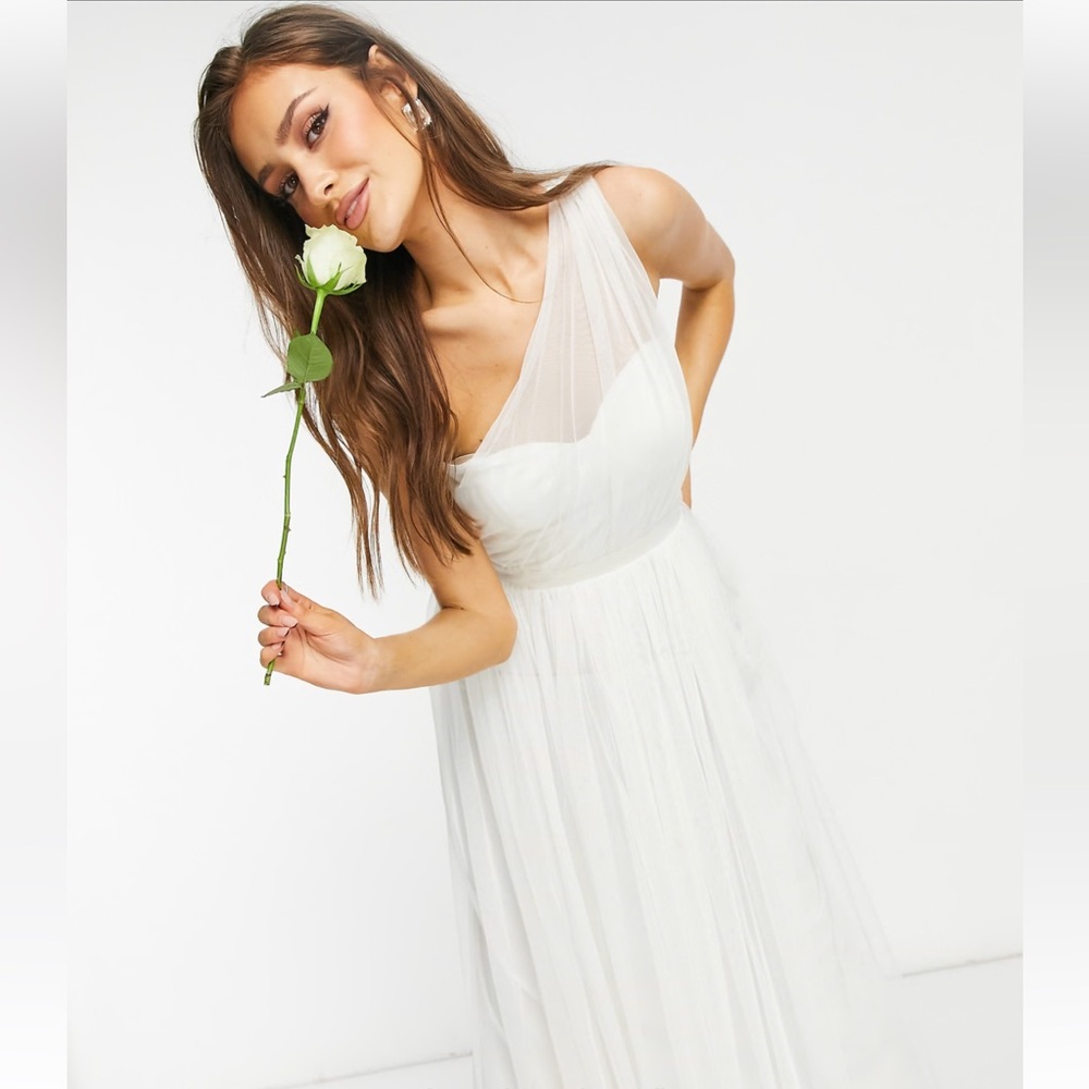 Anaya One Shoulder Chiffon Bridesmaid Dress Ivory Cream Maxi Formal Gown.